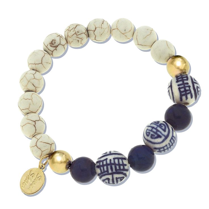 The weathered texture of genuine white turquoise and blue lapis blend beautifully with our Blue & White beads, evoking true antique Blue & White porcelain. One Size Fits Most Stretch Bracelet Handcast 24Kt Gold Plated Handmade in San Antonio, TX Susan Shaw, Semi Precious Stone Bracelet, Blue White Porcelain, Jewelry Making Necklace, Antique Blue, White Turquoise, Blue Lapis, 24kt Gold, White Jewelry