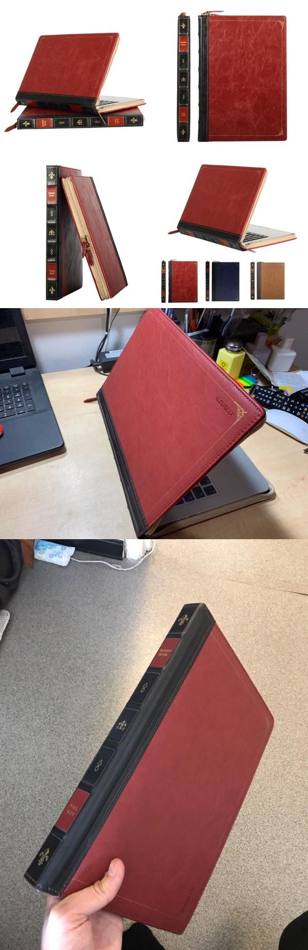 there is a red book on top of a desk with the cover open and closed