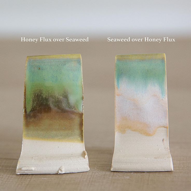 two pieces of pottery sitting side by side on a table with the words honey flax over seaweed