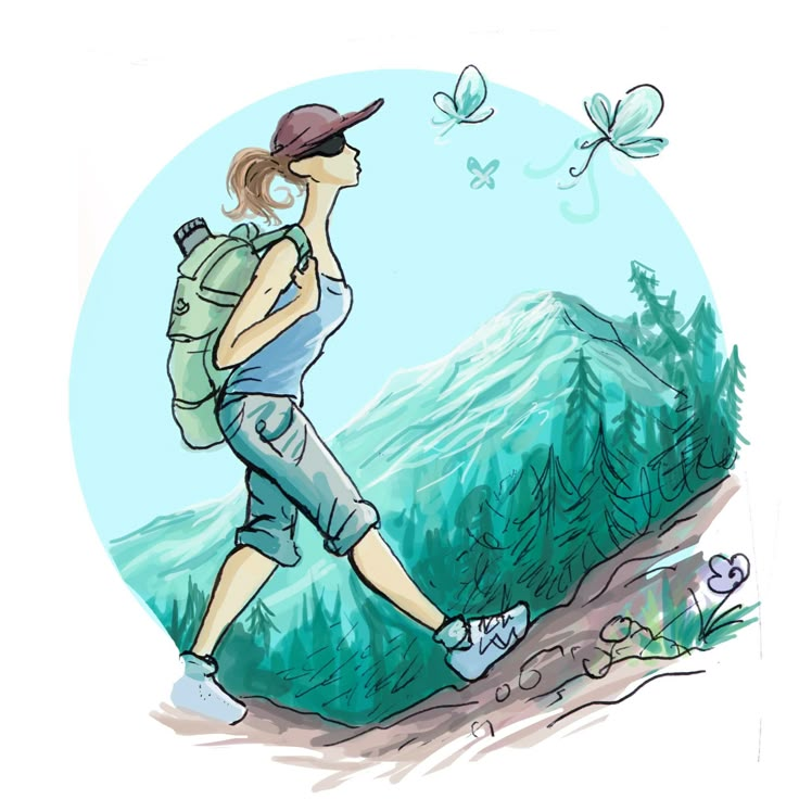 a drawing of a woman hiking in the mountains