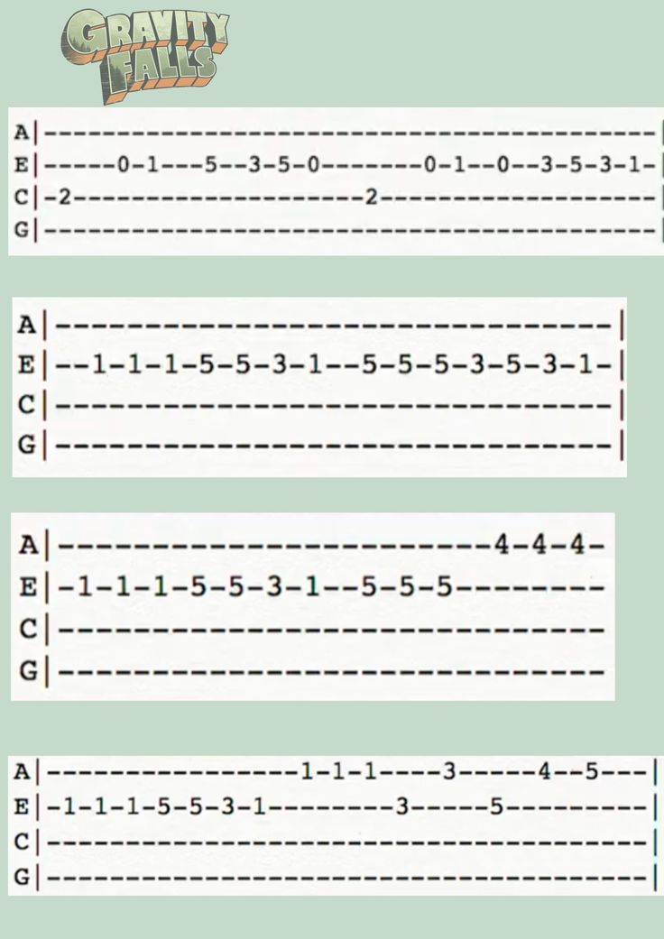 the guitar tabs are labeled in green and white, with numbers on each side