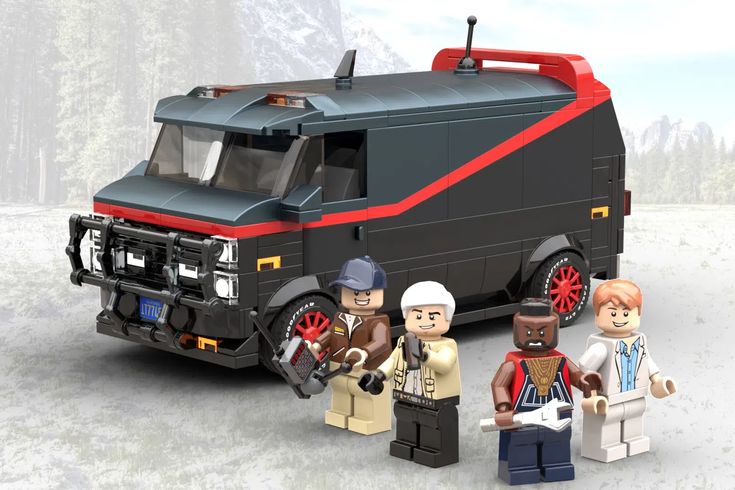 legos are standing in front of a black bus with red trimming and wheels