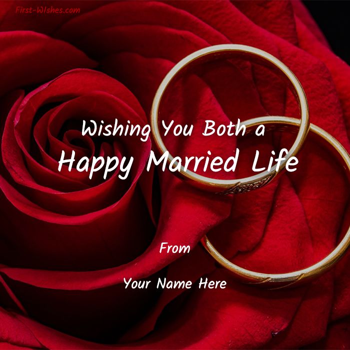 two wedding rings on top of a red rose with the words wishing you both a happy married life