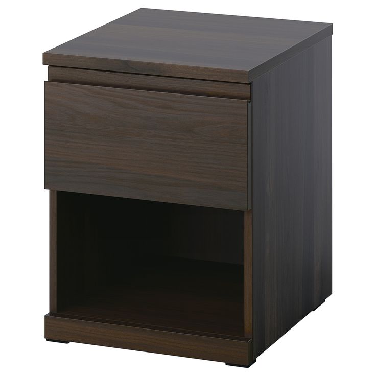 a dark wood night stand with one drawer open and the other closed on both sides