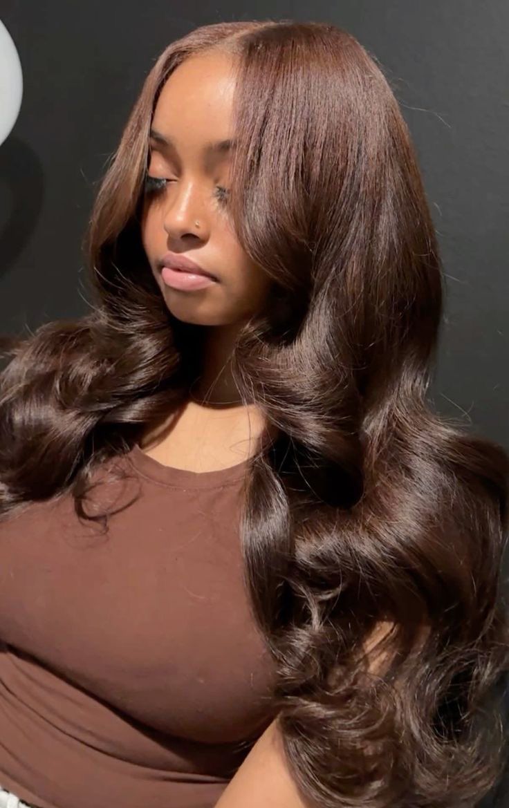 Auburn Brown With Money Piece, Black Women With Chocolate Brown Hair, Cute Hair Colors Brown, Dyed Chocolate Brown Hair, All Dark Brown Hair, Brown Hair Weave Black Women, Chocolate Brown Dark Hair, Honey Brown Wig Install, Reddish Brown Hair Color Ideas