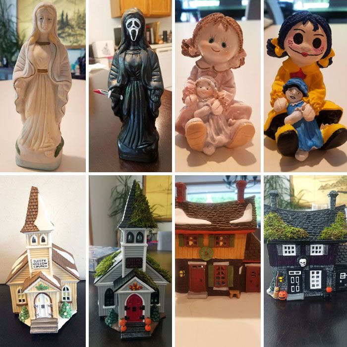 there are many different figurines on the table in this collage, each with a child's house