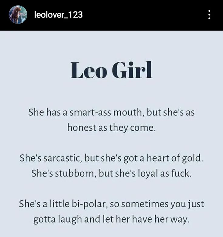 a text message with the words leo girl written in black and white, on a light blue background