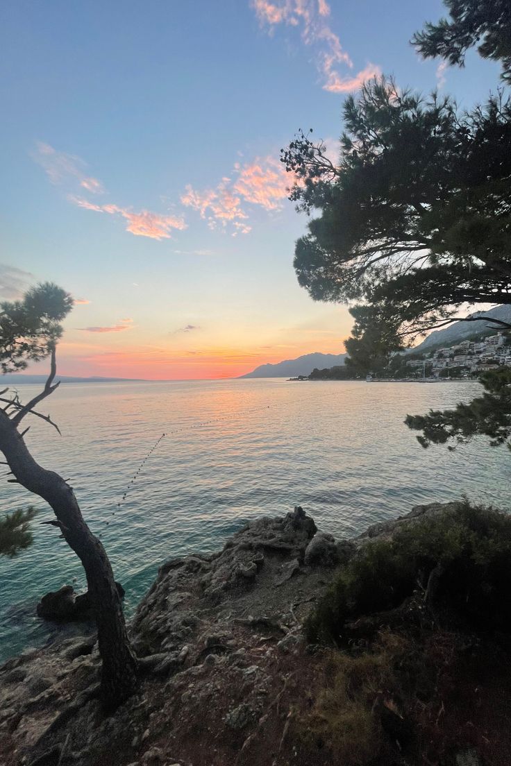 the sun is setting over the water and some trees are on the rocks near the shore