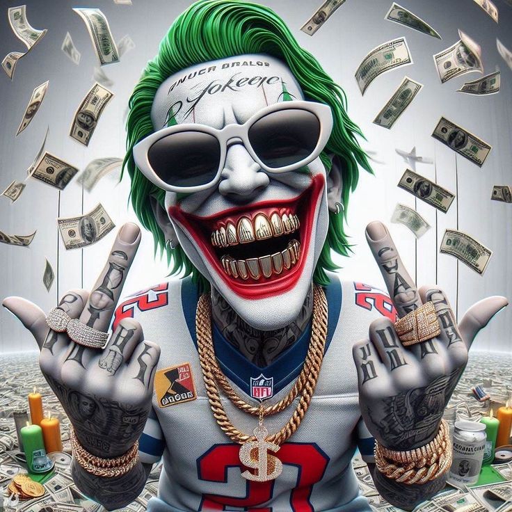 a man with green hair wearing sunglasses and holding two fingers up in the air while surrounded by money