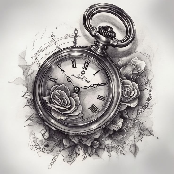 a drawing of a pocket watch with roses on it