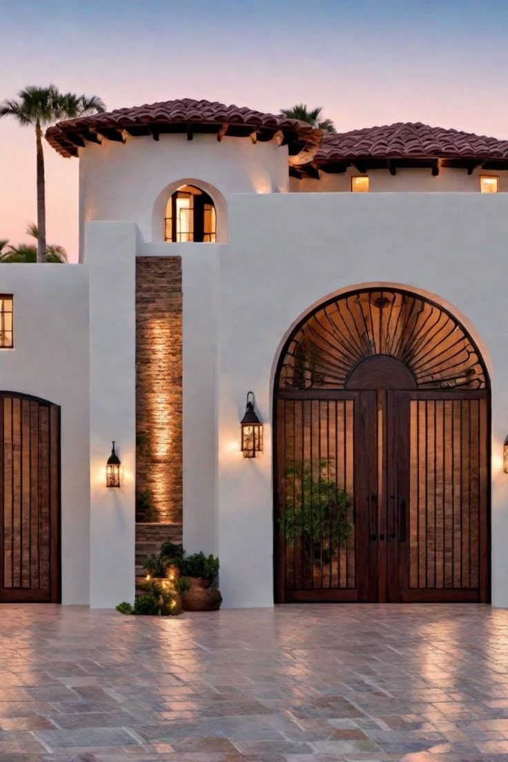 Mediterranean-style house with stucco walls, arched wooden door, and tile roof at dusk. Houses In Mexico Modern, Mexican Courtyard House Plans, Interior Mexican Style, White And Black Spanish House Exterior, Mexican Style Architecture, Big Mexican House, Mexico Villa House, Rich Mexican House, White Adobe House Exterior