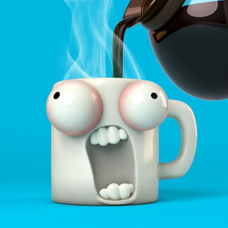 a cartoon character is pouring coffee into a mug with his eyes open and mouth wide open