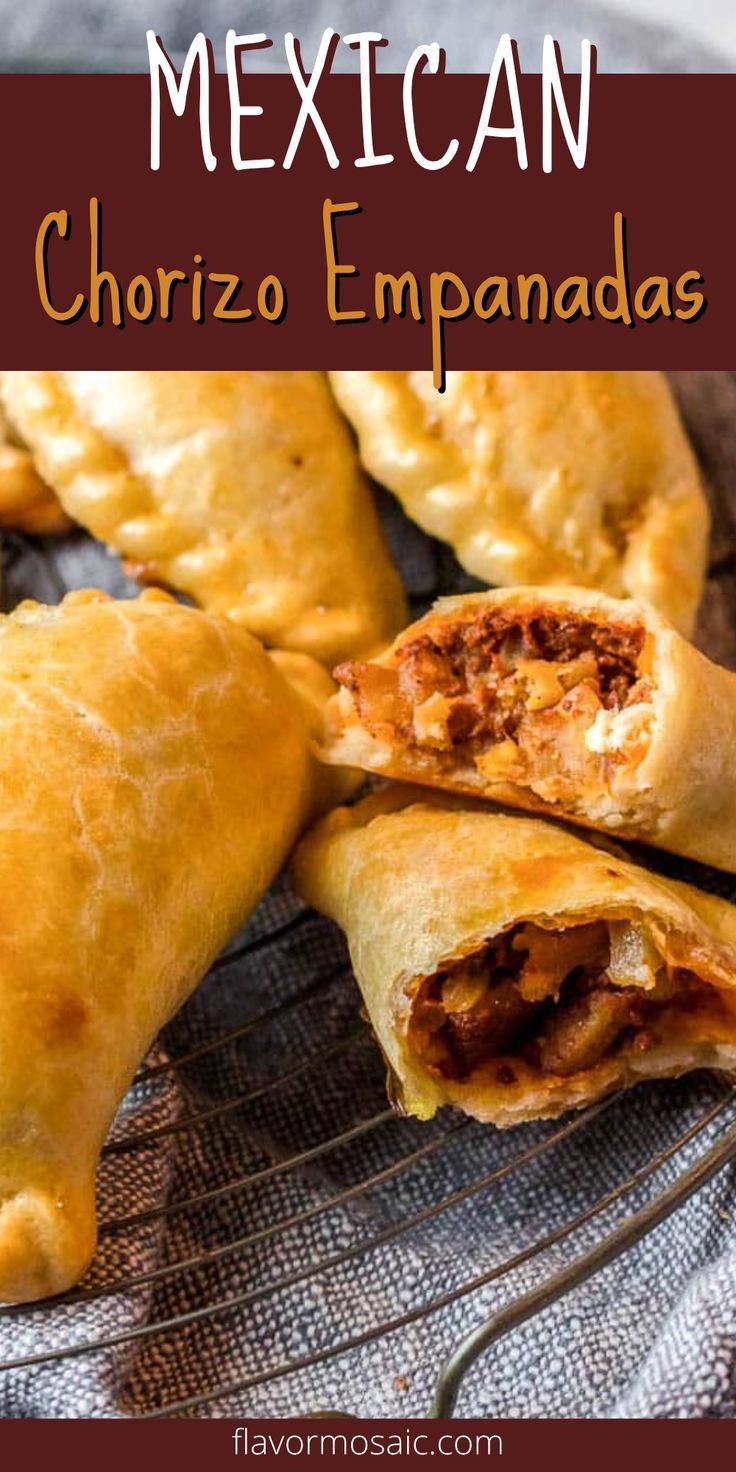 mexican chorizo empanadas on a wire rack with text overlay