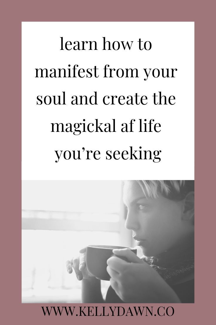 a woman drinking from a cup with the words learn how to manifestest from your soul and create the magickal af life you're seeking