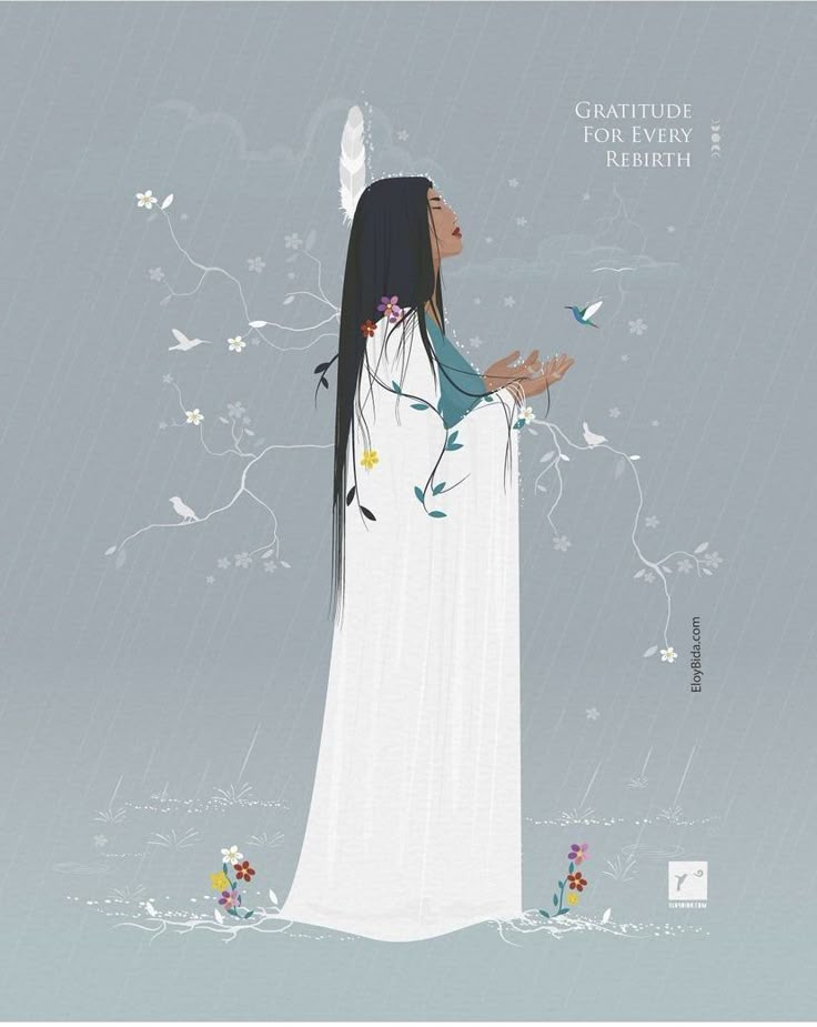 an illustration of a woman with long black hair and flowers on her head, standing in the rain