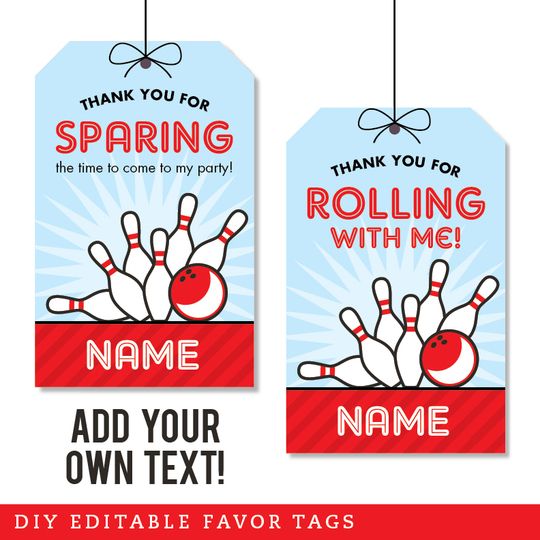 two gift tags with bowling balls on them