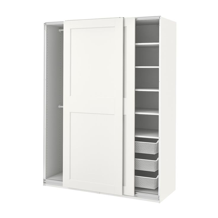 a white cabinet with two doors and drawers on the bottom shelf is open to reveal an empty drawer