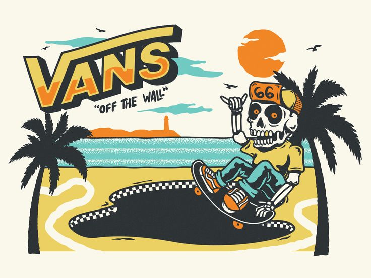 a skeleton riding a skateboard on top of a beach with palm trees and the words vans off the wall