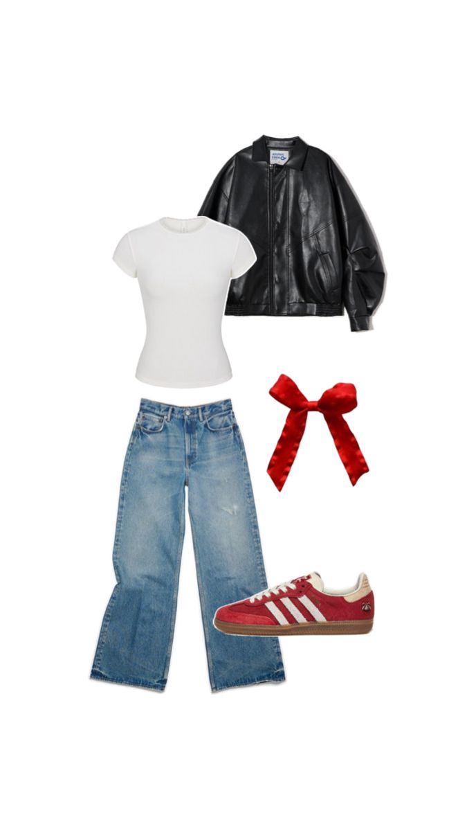 outfit idea with white tee, baggy jeans, red adidas sambas, leather jacket, red bow Outfits With Red Shoes, Ribbon Outfit, Outfits With Red, Red Shoes Outfit, Ribbon Fashion, New York Outfits, Fashion Moodboard, Casual Outfit Inspiration, Fits Clothes