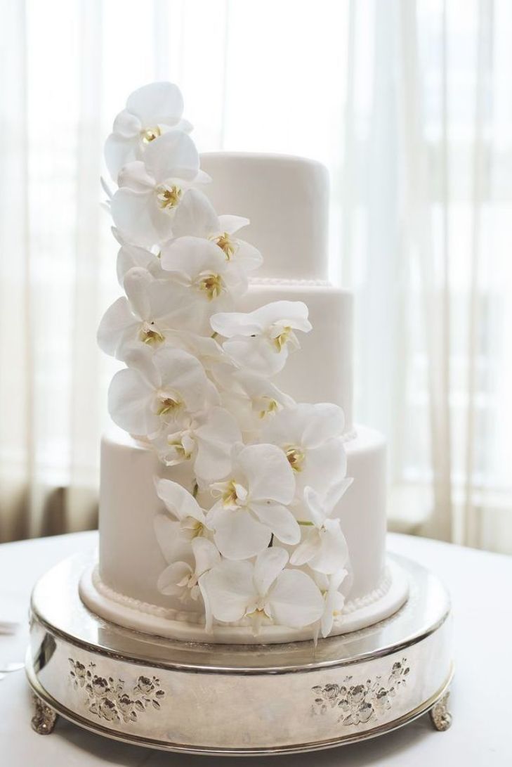 a wedding cake with white flowers on top