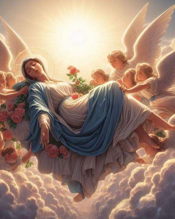 an angel with flowers in her hands and other angels around her, floating on clouds