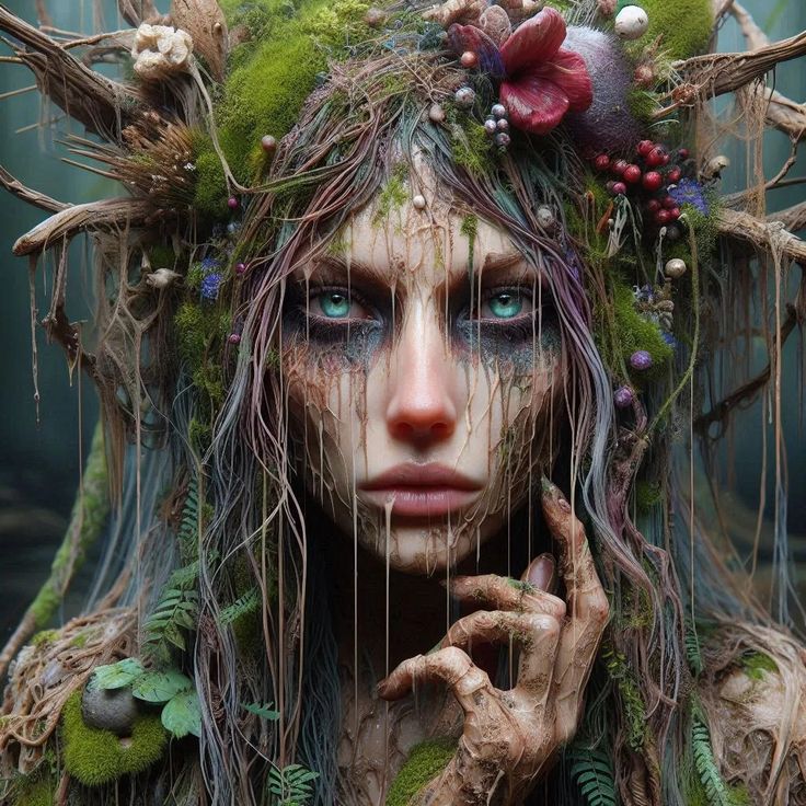 a woman with green hair and flowers on her head is surrounded by mossy branches