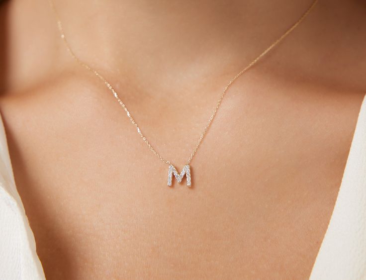 Letter M Necklace, Gold Initial Pendant, M Necklace, Dainty Initial Necklace, All Letters, Diamond Initial Necklace, Gold Rings Fashion, Solid Gold Necklace, Rings Fashion