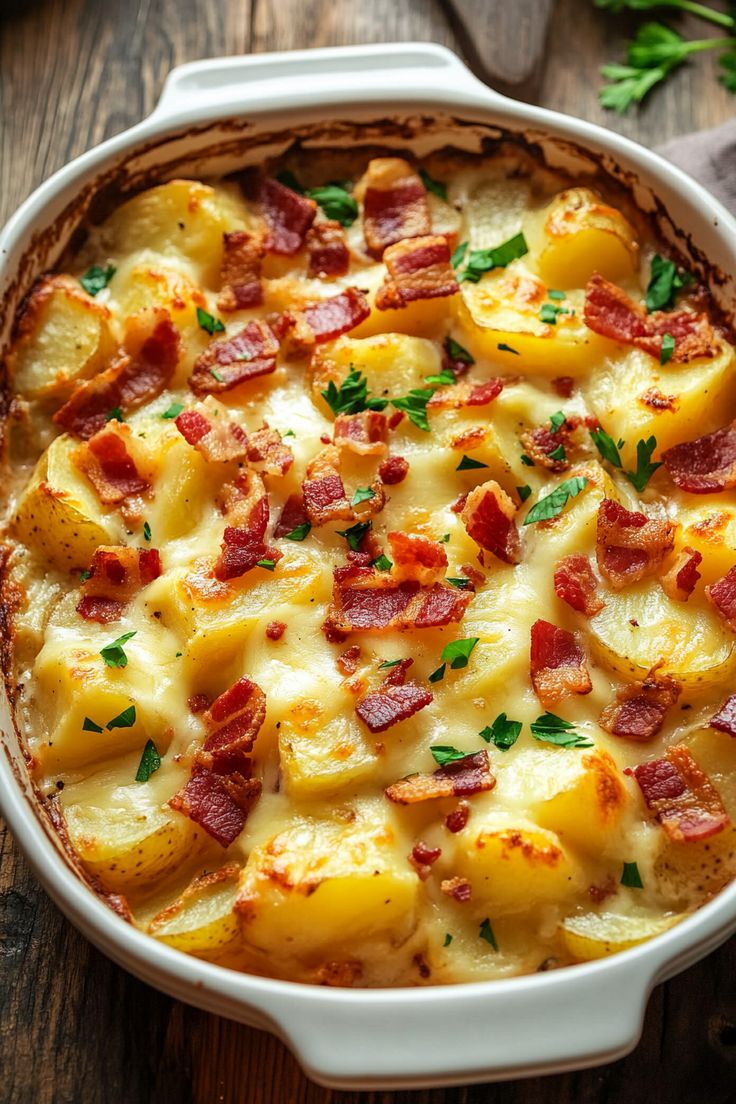 a casserole dish filled with potatoes and bacon