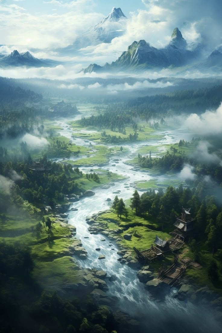 an aerial view of a river running through a lush green valley with mountains in the background