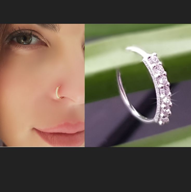 a woman's nose is shown next to an image of a ring with diamonds on it