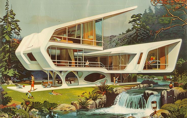 this is an image of a futuristic house in the woods with people walking around it