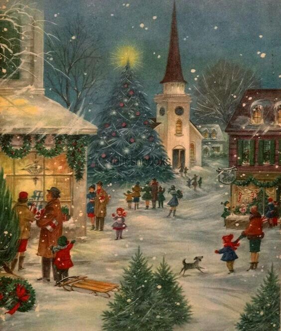 a painting of children playing in front of a christmas tree and church with lights on