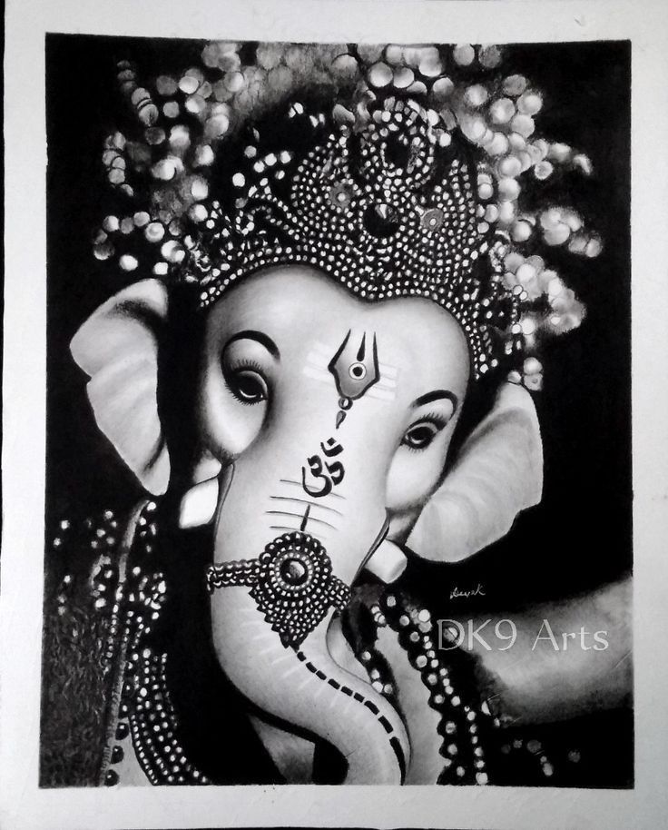 a black and white drawing of an elephant with jewels on it's head, in front of a dark background