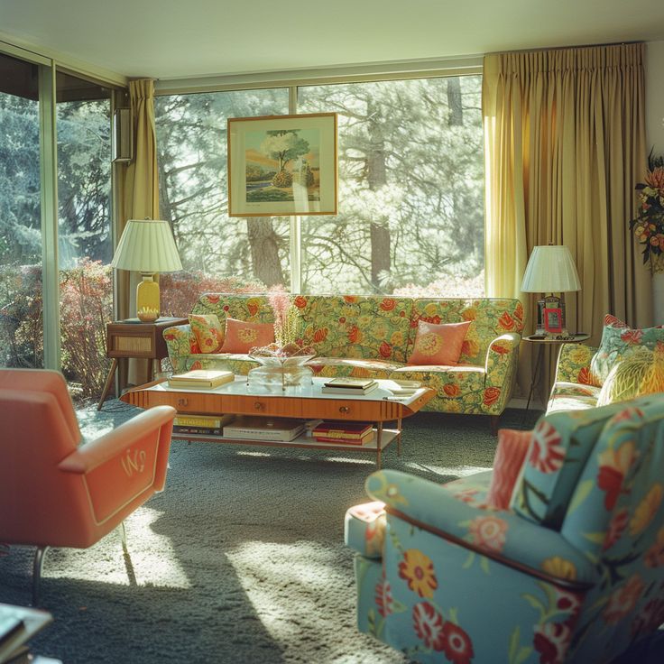 a living room filled with colorful furniture and large windows overlooking the trees in the background