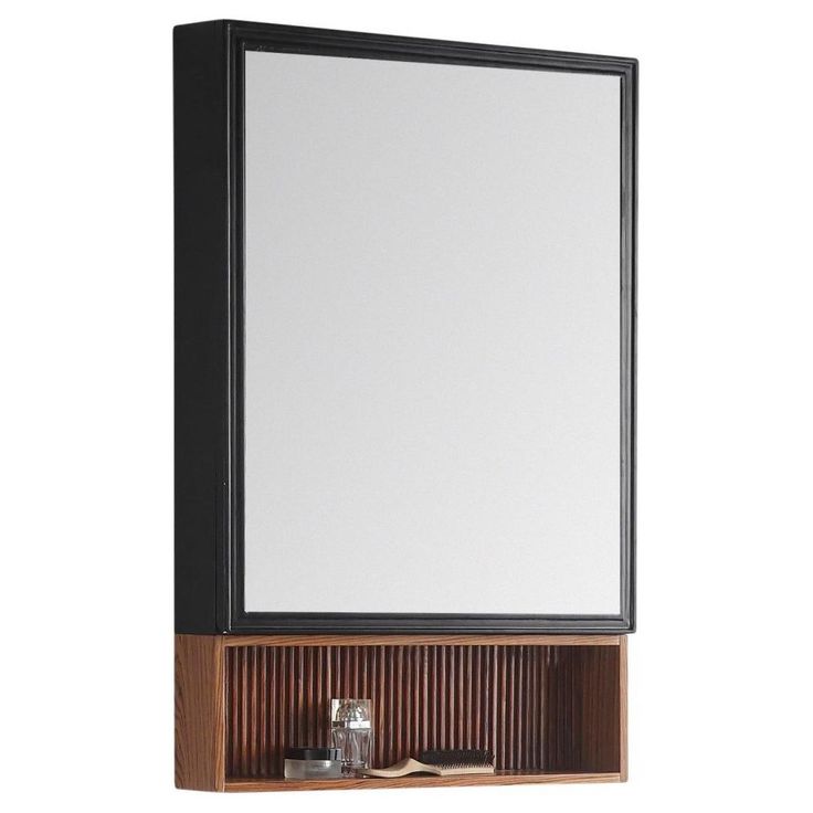 a mirror and shelf with an empty white board on it's side, against a white background