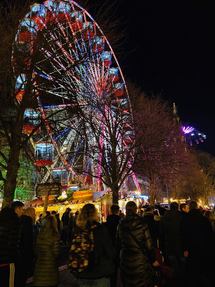 people are standing in front of a large ferris wheel at night with lights on it