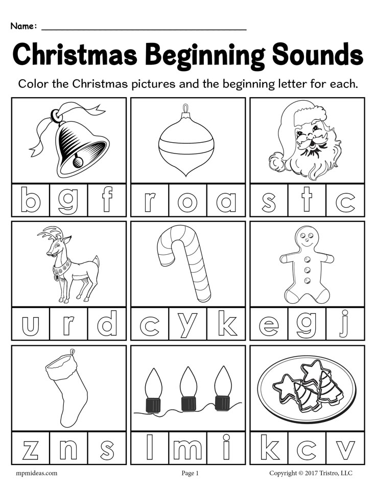 christmas beginning sounds worksheet with pictures and words for the letter i to z