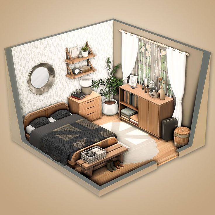 a room with a bed, desk and shelves on the wall is depicted in this 3d image