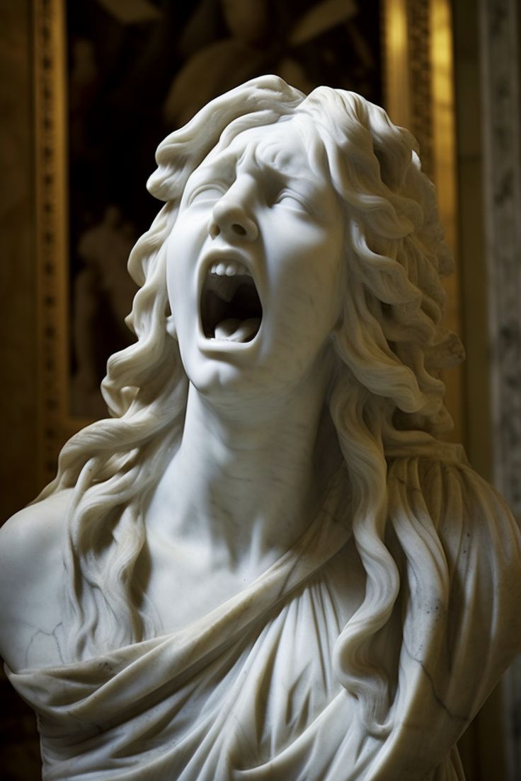 a close up of a statue of a woman with her mouth open