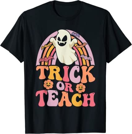 Trick or Teach Retro Groovy Rainbow Ghost Halloween Teacher T-Shirt Groovy Halloween, Floral Ghost, Halloween Clothes, Teacher Halloween, Teachers Halloween, Teacher Outfit, Ghost Shirt, Family Costumes, T Shirt Costumes