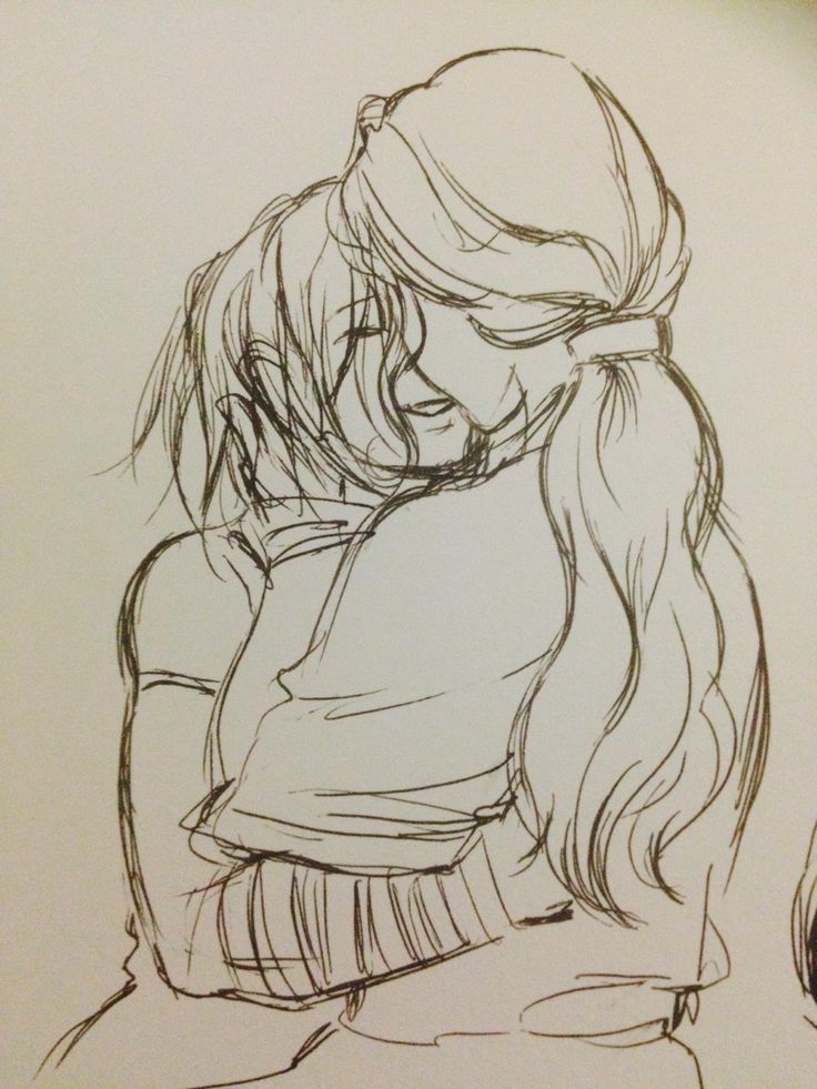 a drawing of two people hugging each other with one holding the other's head