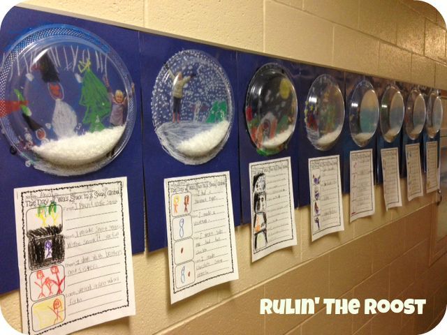 a bulletin board with snow globes on it