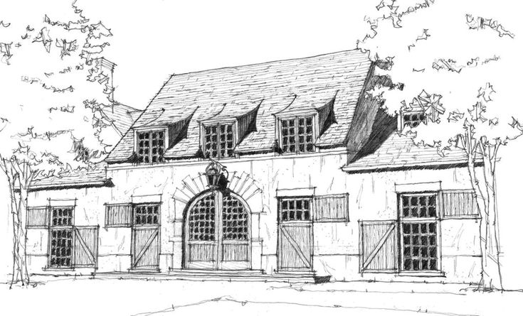 a drawing of a house with two garages and three doors on the front of it