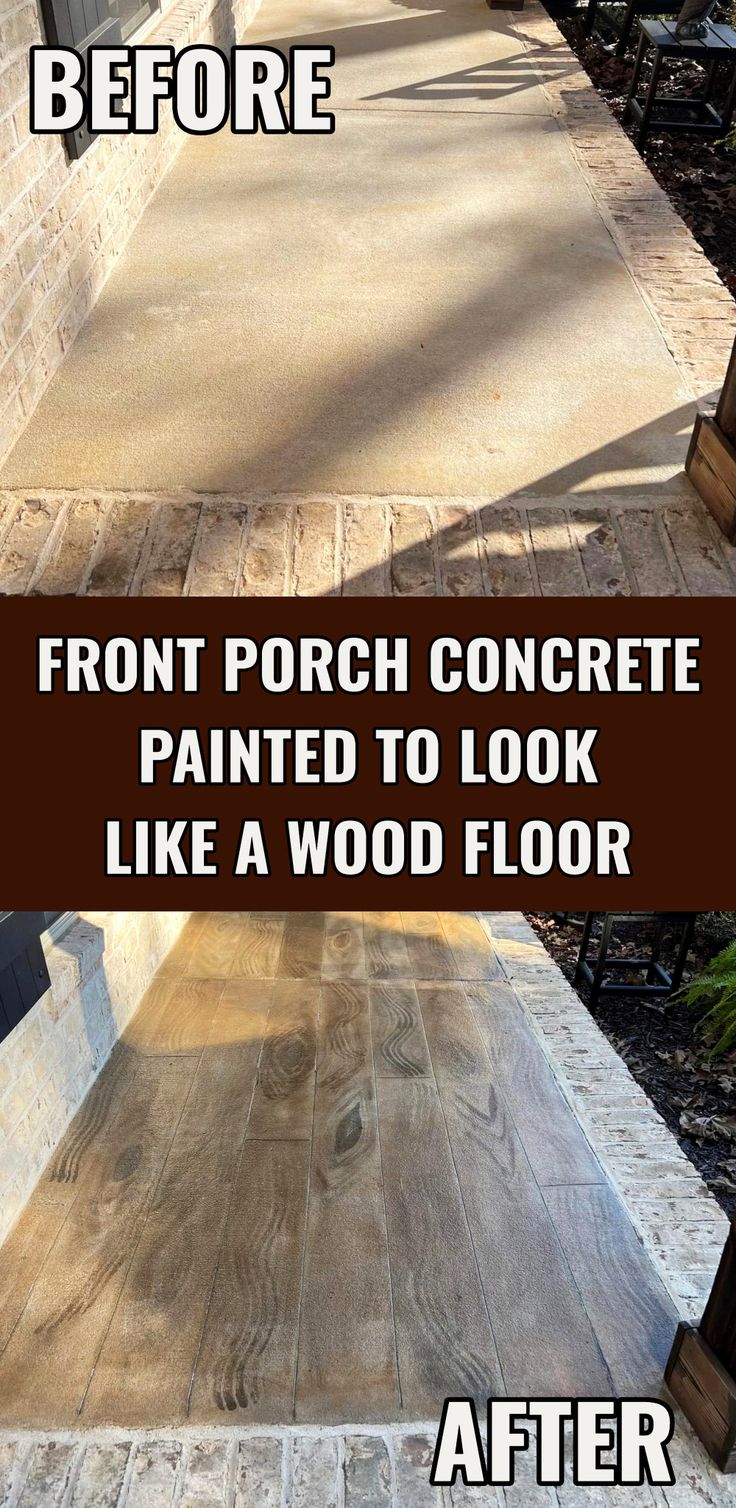 the before and after image shows how to paint concrete steps with wood flooring on them