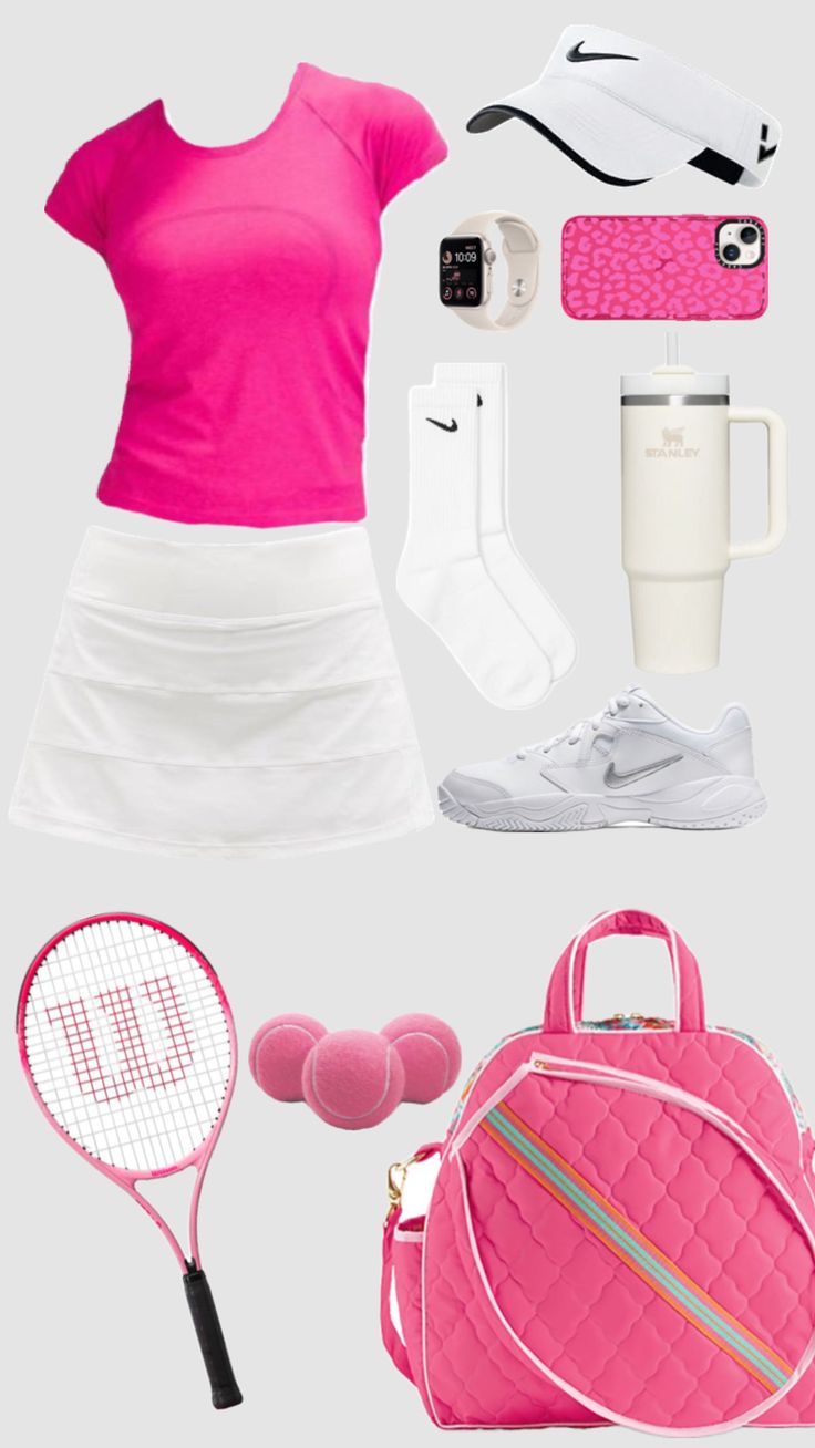 a woman's tennis outfit and accessories are shown