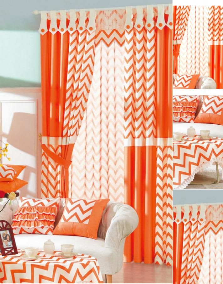 an orange and white living room with chevrons on the drapes, pillows, and curtains