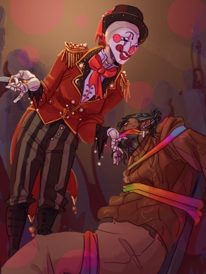 a clown is standing next to a dead man