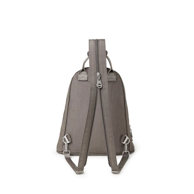 a gray backpack with straps on the front and back ends, sitting against a white background