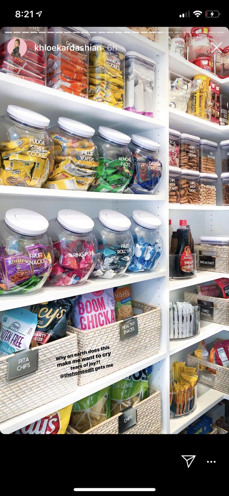 the shelves are full of food and snacks