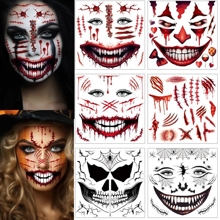 ENYACOS 5 Sheets Halloween Scary Face Tattoos+1 Sheet Fake Scars Stitches Tattoo,Bloody Mouth Tattoo,Halloween Zombie Make Up,Fake Wounds,Halloween Prank Makeup Temporary Tattoo (A) Spider Web Halloween Costume, Joker Face Tattoo, Fake Scar, Halloween Scary Face, Fake Wounds, Halloween Makeup Kits, Mouth Tattoo, Spider Face, Makeup Clown